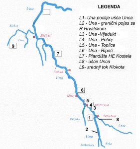 Lokaliteti izlova lipljena u slivu rijeke Une (Općina Bihać) oktobar 2001. god.